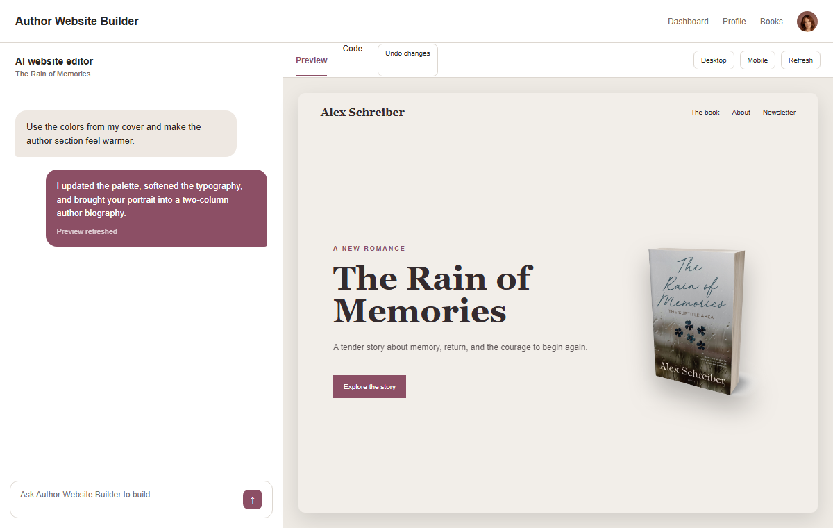 Light mode author website editor with an AI conversation and romance website preview