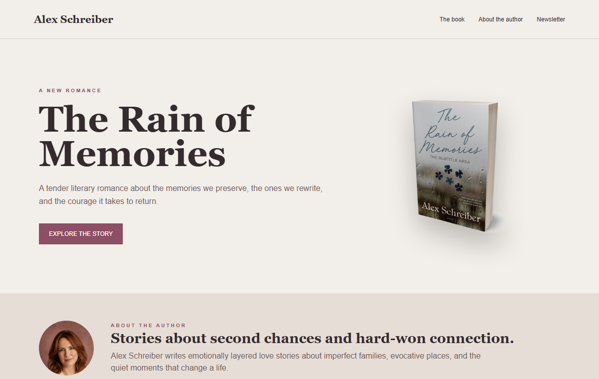 Full desktop romance author website example