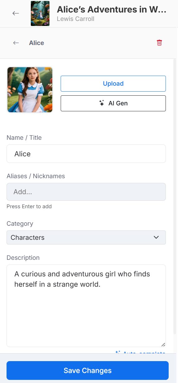 Character profile with aliases, description, and story details
