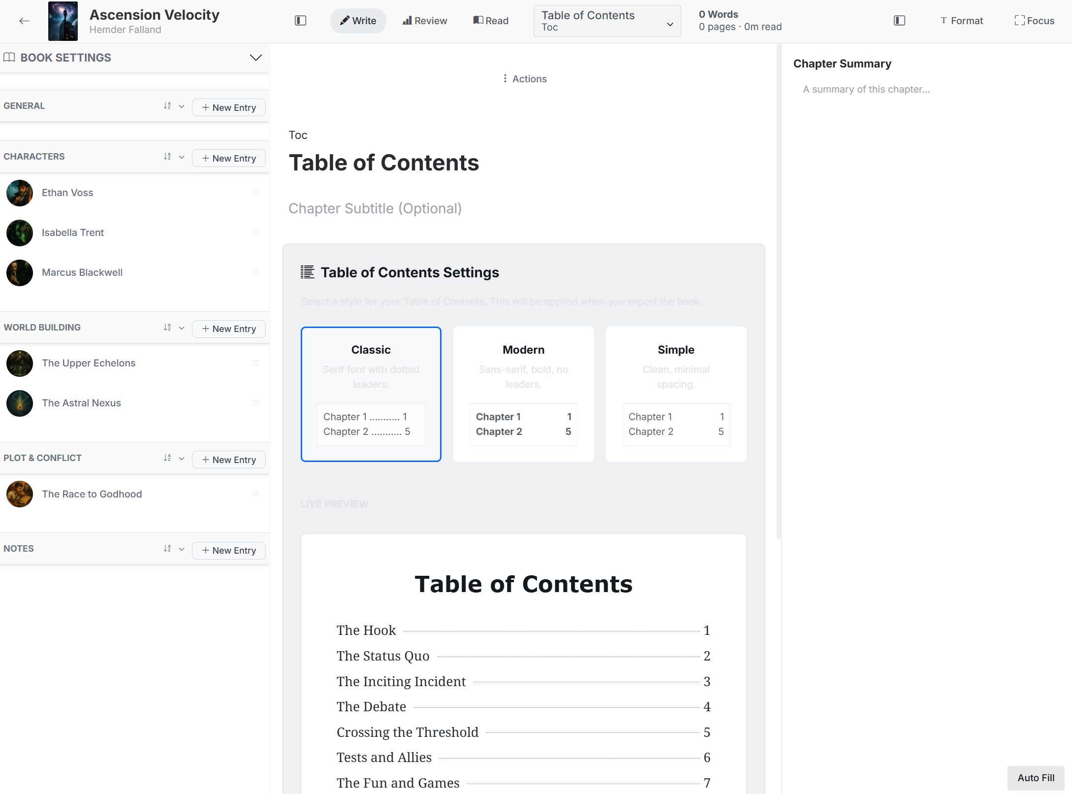 Table of contents editor with visual styles and live preview