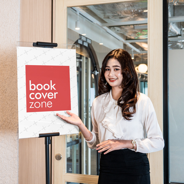 Corporate Woman Smiling at Whiteboard Mockup