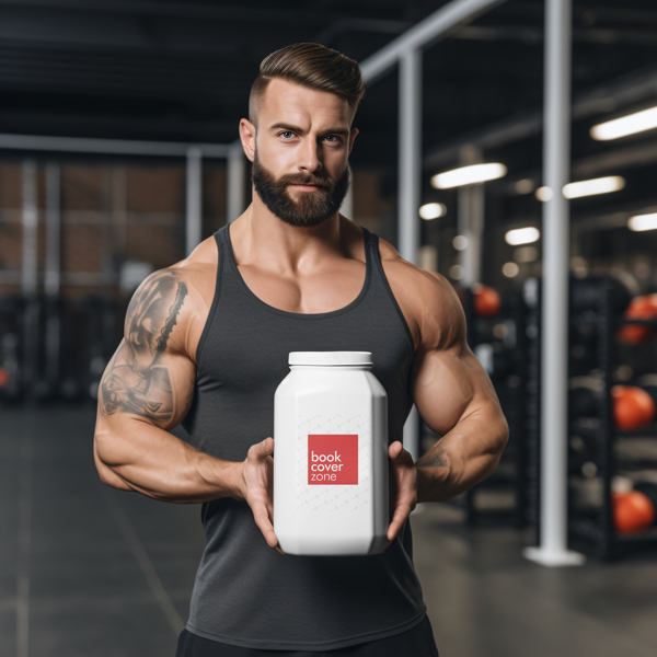 Strong Muscled Man with Protein Container Mockup
