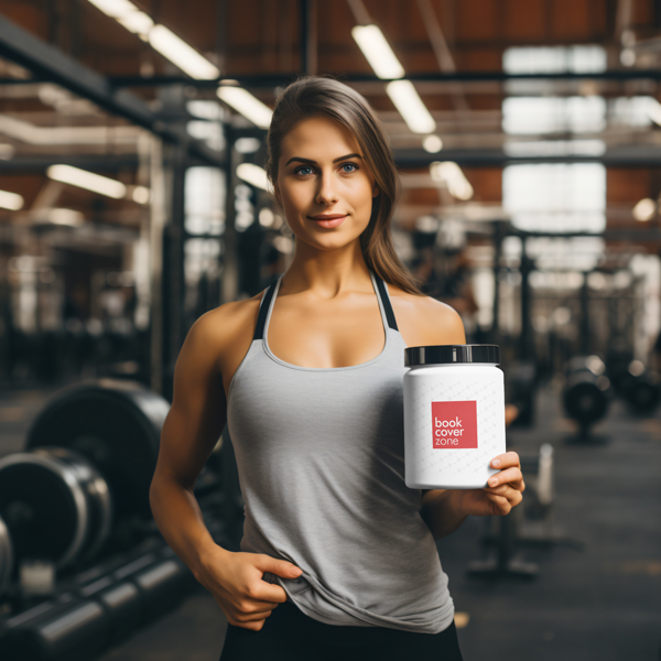 Fit Woman Holding Blank Protein Container Mockup