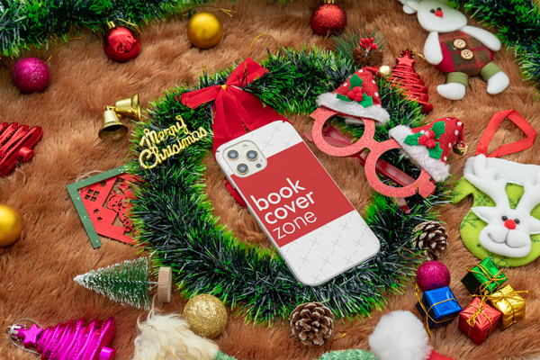 iPhone Back Case Mockup with Christmas Accessories