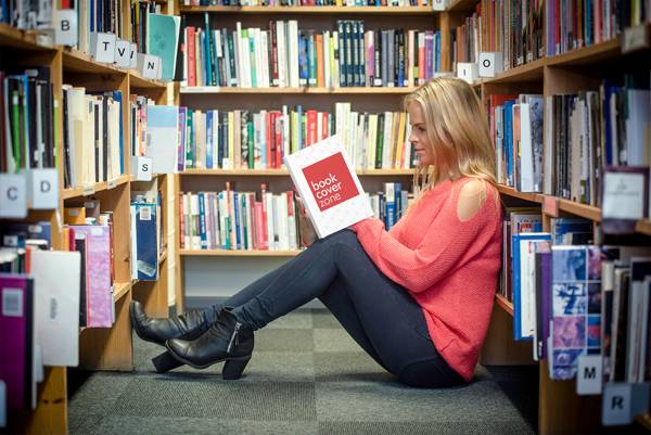 Woman Reading in Library Mockup