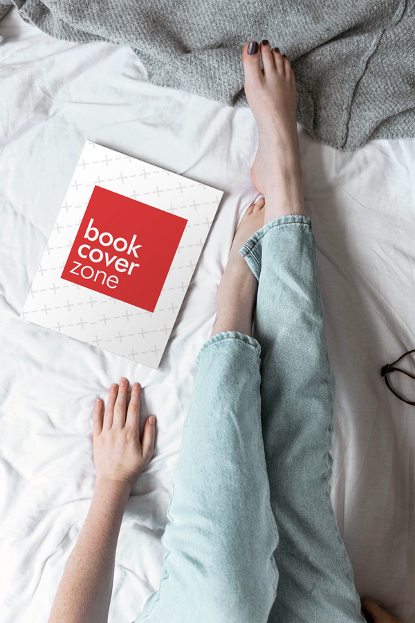 Woman Reaching for a Book on Bed Mockup