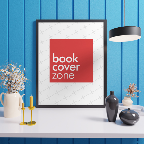 Portrait Canvas Mockup Leaning Against Blue Wall