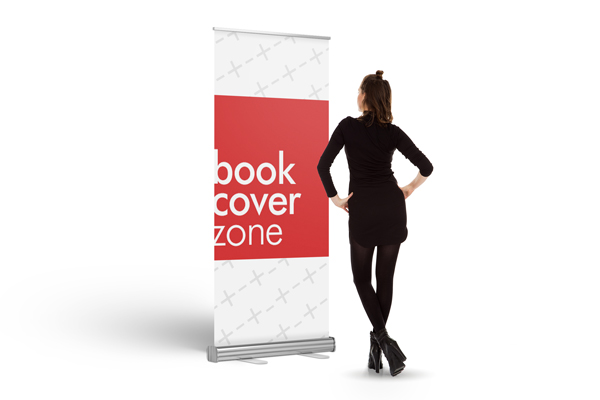 Woman in Black with Rollup Banner